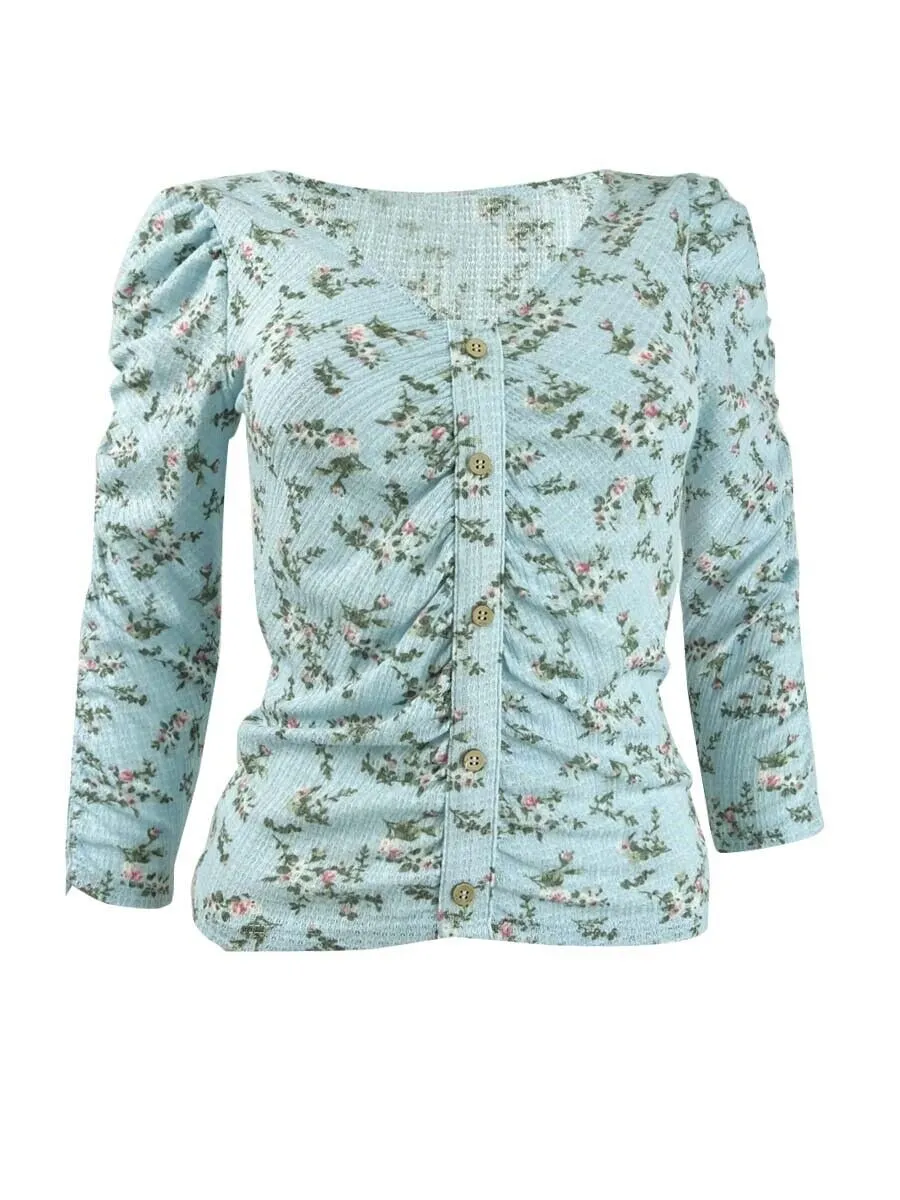 Crave Fame Juniors' Ruched Floral Top Blue Size Small sold by Ruumur product image thumbnail 2