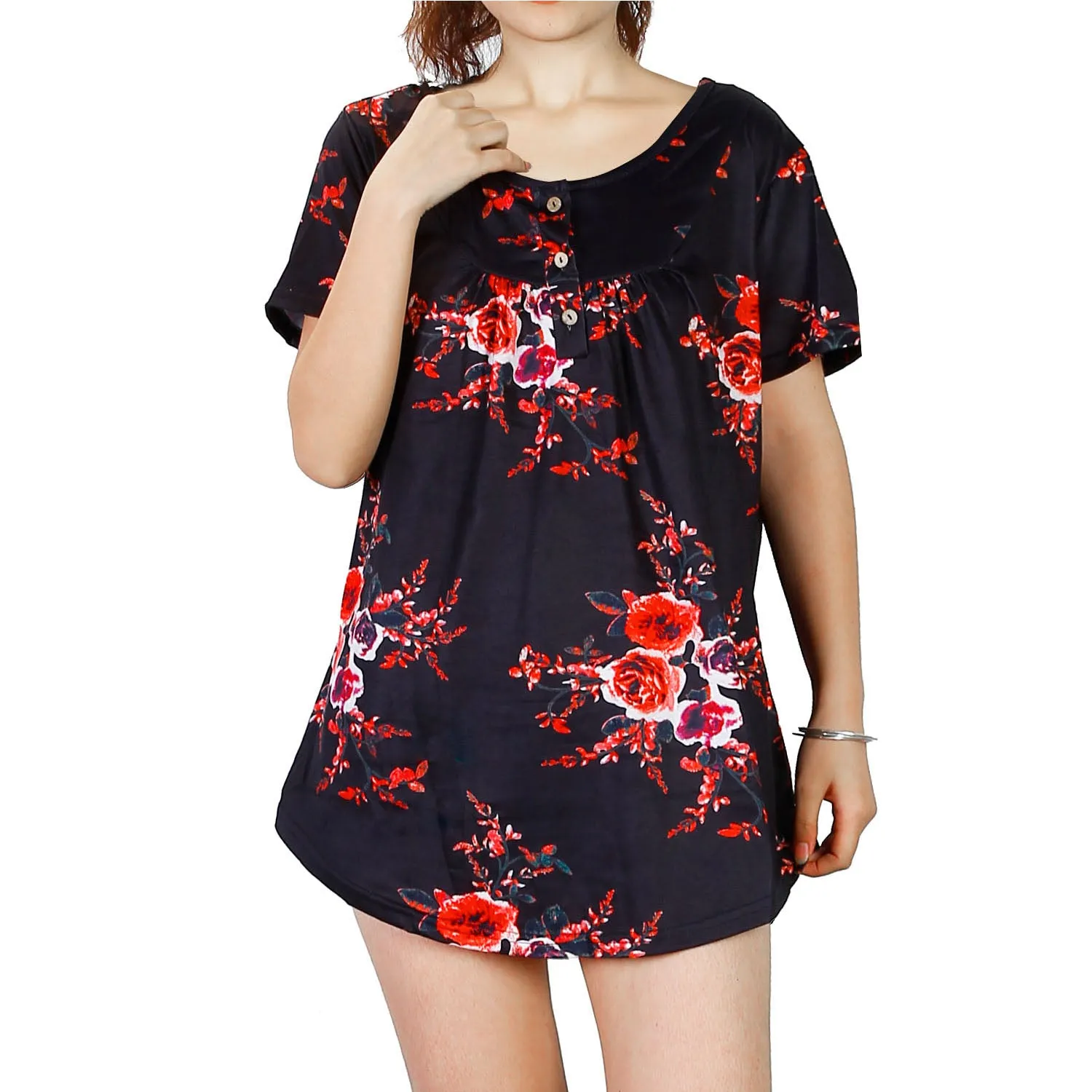 Women Summer Shirts Tops Loose Short Sleeve T Shirts Casual Floral Printed Button Shirts Blouse S-XXL sold by Ruumur product image thumbnail 3