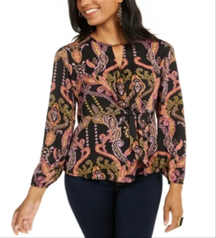 Thalia Sodi Women's Printed Ruffled Keyhole Top Black Size 2XL sold by Ruumur