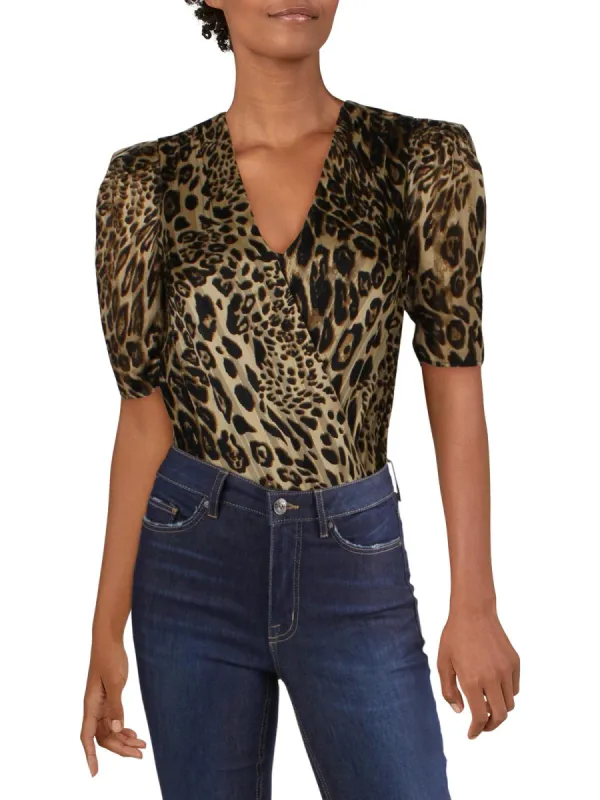 Lini Women's Metallic Animal Print Short Sleeve Surplice Neckline Body Suit Top Black Size X-Small sold by Ruumur