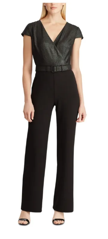 Ralph Lauren Women's Black Belted Glitter Wrap Short Sleeve V Neck T-Shirt Straight Leg Wear To Work Jumpsuit Black Size 12 made by Ralph Lauren