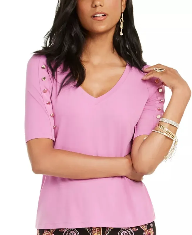 Thalia Sodi Women's Button-Sleeve V-Neck Top Brighr Pink Size Small made by Thalia Sodi