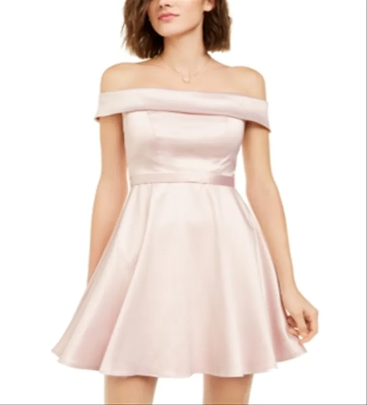 Sequin Hearts Women's Belted Zippered Short Sleeve Off Shoulder Mini Cocktail Fit Flare Dress Pink Size 9 sold by Ruumur