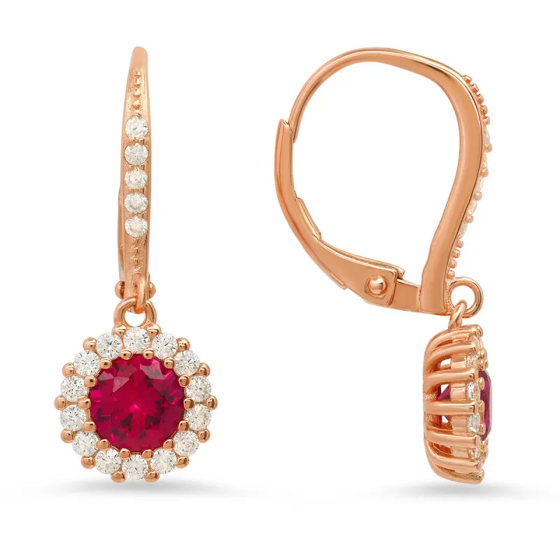 14k Rose Gold Over Silver Ruby CZ Halo Leverback Earrings sold by Ruumur