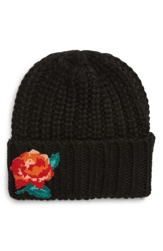 Free People Women's Everything Rosy Floral Applique Rib Beanie Black Size Regular made by Ruumur