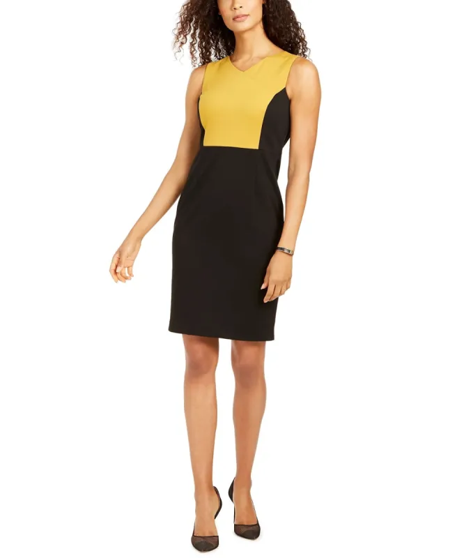 Kasper Women's Gold Color Block Sleeveless V Neck Above The Knee Sheath Wear To Work Dress Black Size 6 sold by Ruumur