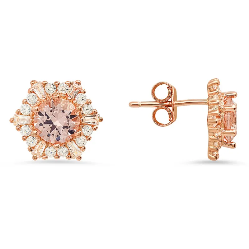 14k Rose Gold Over Silver Hexagon Morganite CZ Halo Stud Earrings sold by Ruumur