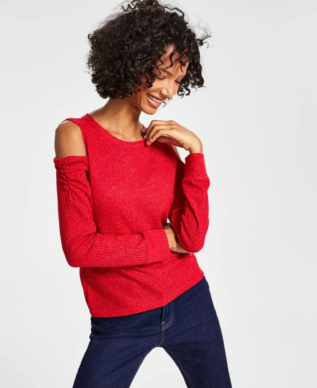 Tommy Hilfiger Women's Metallic Waffled Cold Shoulder Shirt Red made by Ruumur