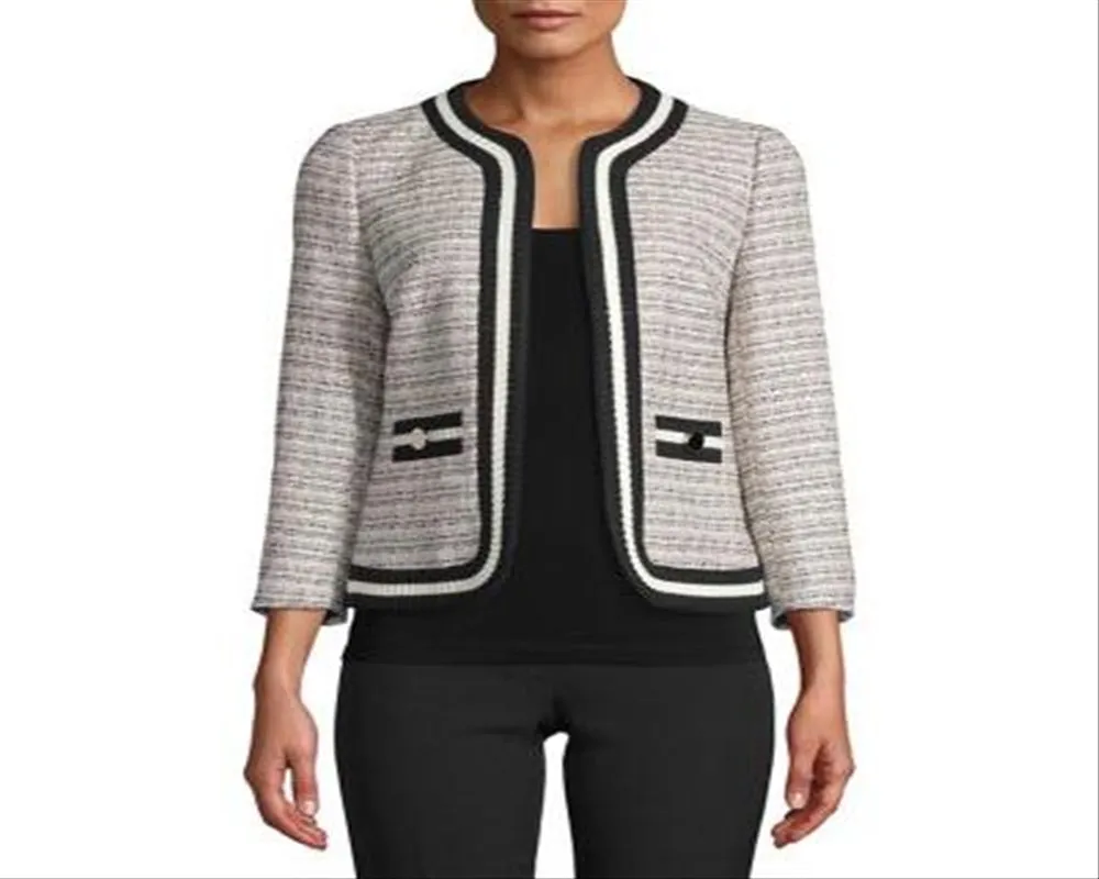 Anne Klein Women's Cherry Blossom Combo Tweed Knit Jacket Black-White Size 12 sold by Ruumur