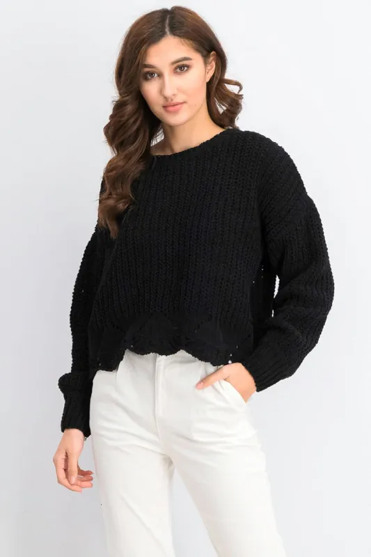 WYNTER Women's Pointelle Hem Chenille Sweater Black Size Small sold by Ruumur