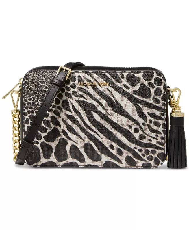 Michael Kors Women's Black Multi Signature Jet Set Camera Crossbody Bag sold by Ruumur
