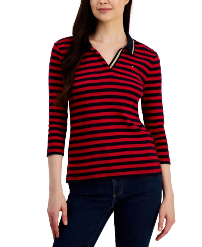 Tommy Hilfiger Women's Striped Cotton Johnny Collar Polo Top Red made by Ruumur
