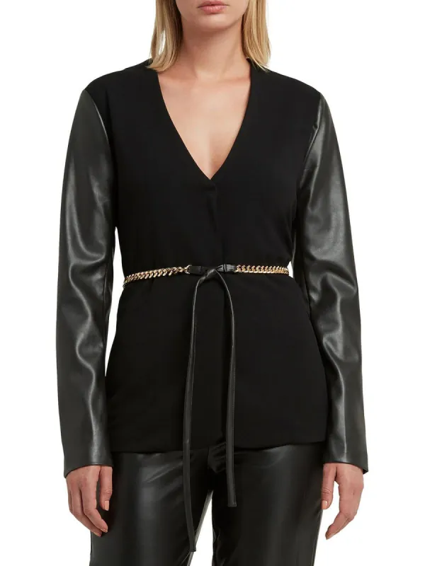 H Halston Women's Collarless Faux Leather Sleeve Belted Blazer Black Size Small sold by Ruumur
