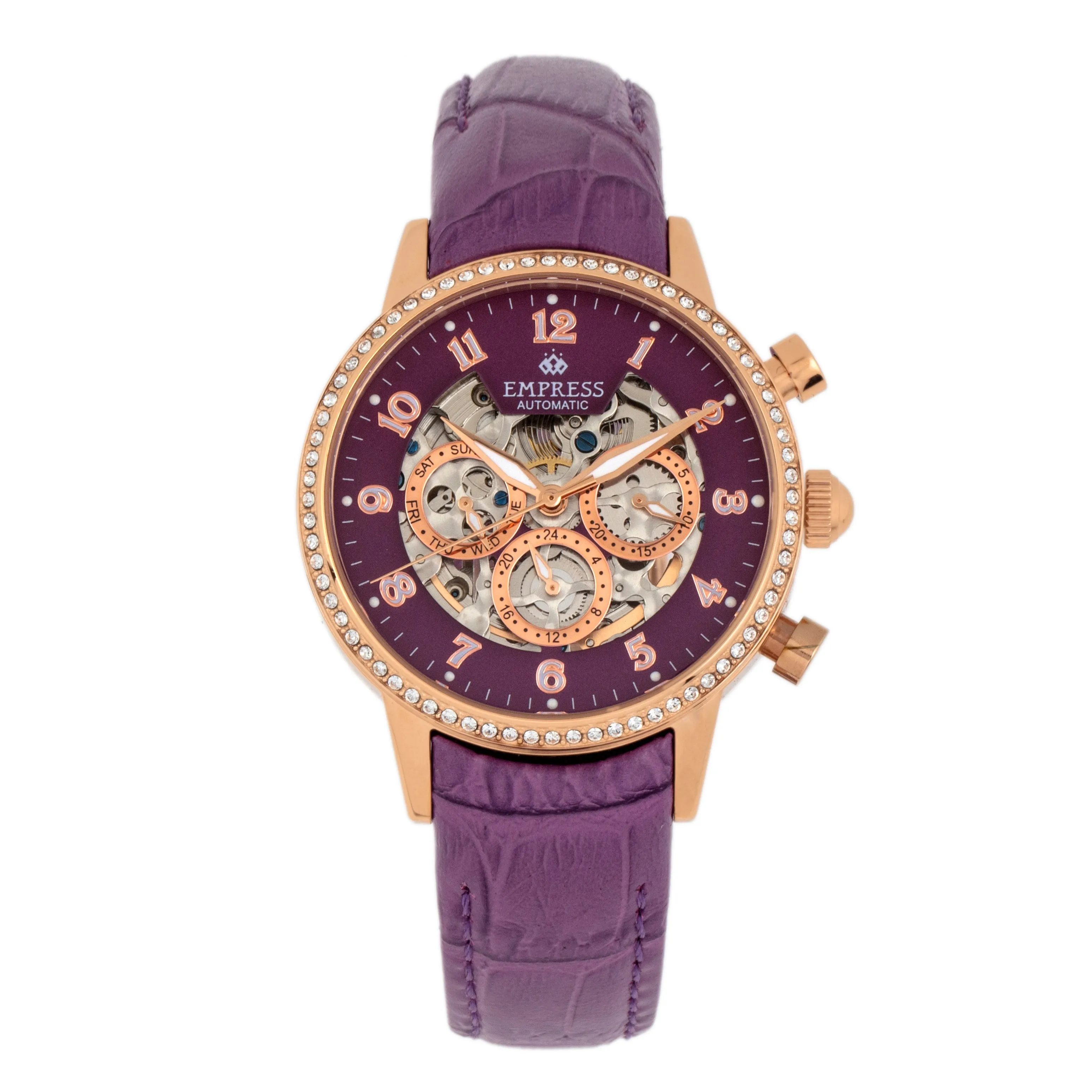 Empress Beatrice Automatic Skeleton Dial Leather-Band Watch w/Day/Date - Rose Gold/Purple sold by Ruumur