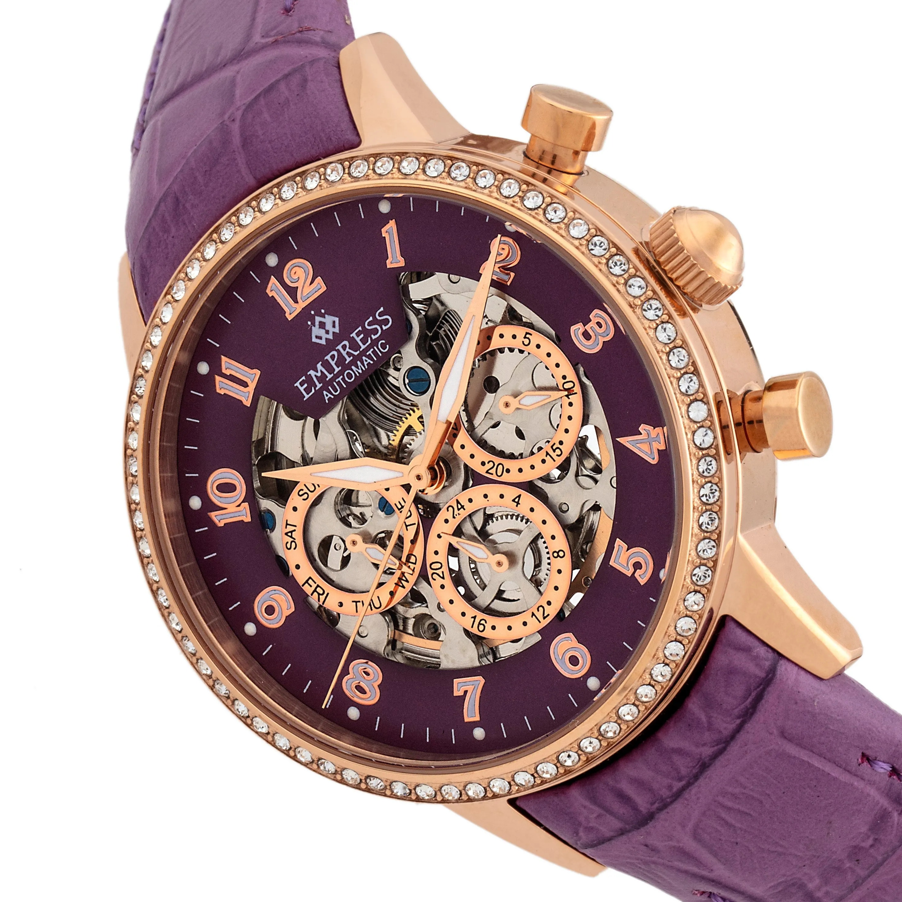 Empress Beatrice Automatic Skeleton Dial Leather-Band Watch w/Day/Date - Rose Gold/Purple sold by Ruumur product image thumbnail 3