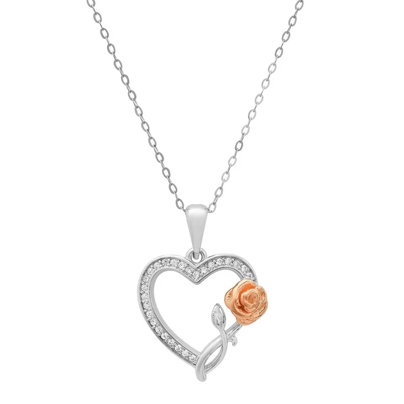 Sterling Silver Two-Tone CZ Rose Heart Pendant made by Ruumur