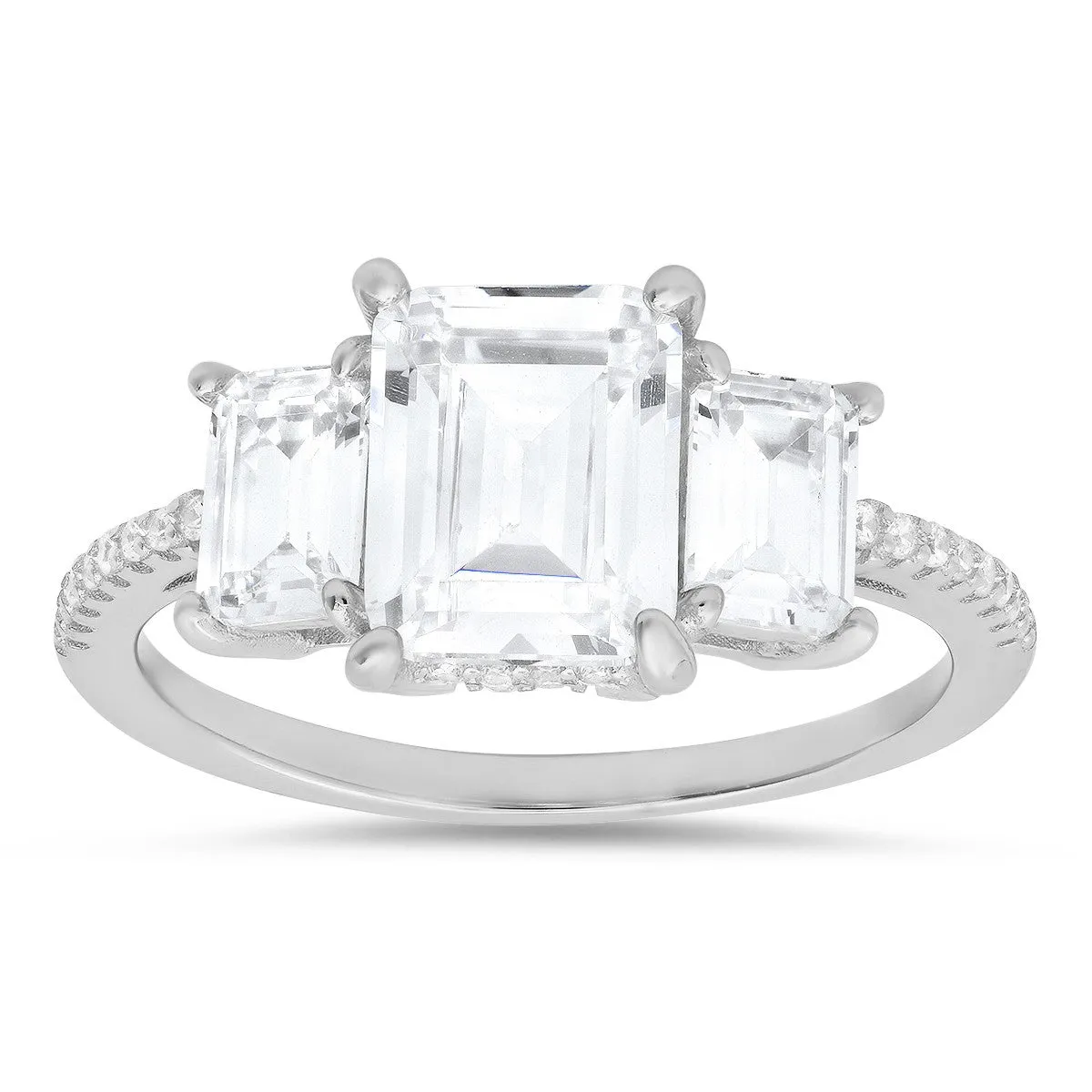 Sterling Silver 3-Stone Emerald-cut CZ Ring sold by Ruumur