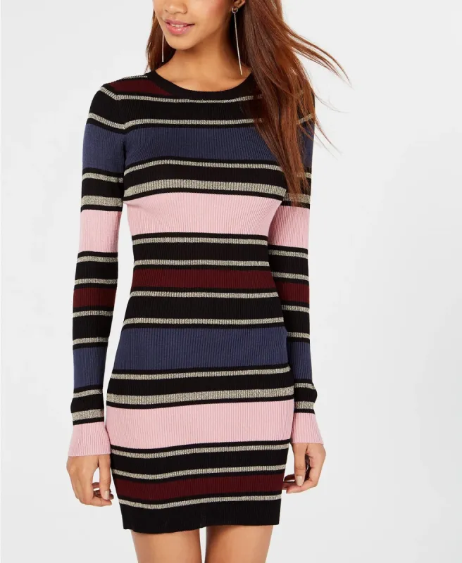 Planet Gold Women's Striped Long Sleeve Jewel Neck Short Body Con Dress Multi Size Large sold by Ruumur