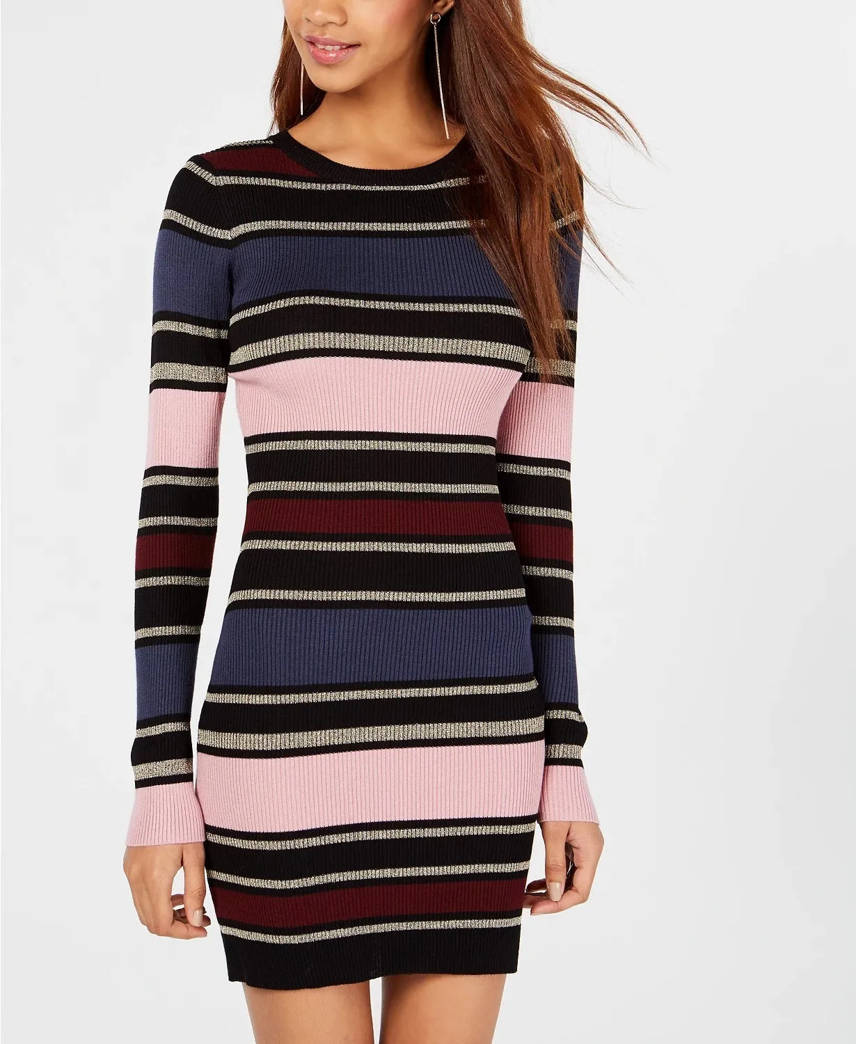 Planet Gold Women's Striped Long Sleeve Jewel Neck Short Body Con Dress Multi Size Large sold by Ruumur