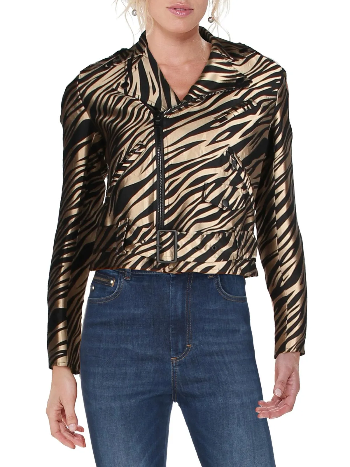 Anne Klein Women's Zippered Belted Printed Bolero Jacket Brown Size 0 sold by Ruumur