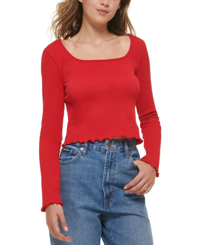 DKNY Women's Square Neck Lettuce Edge Top Red Size Large sold by Ruumur