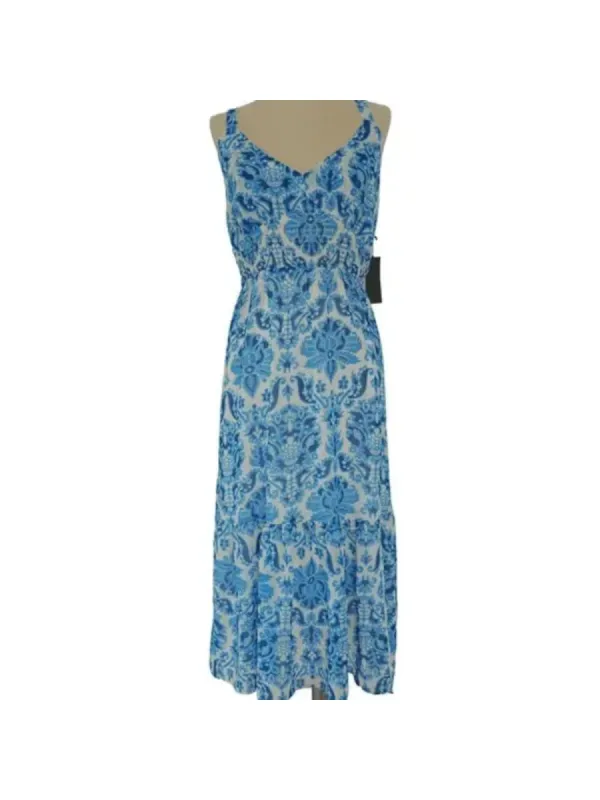 Black Tape Women's Smocked Tiered Skirt Lined Printed Sleeveless V Neck Midi Fit Flare Dress Blue Size Small sold by Ruumur