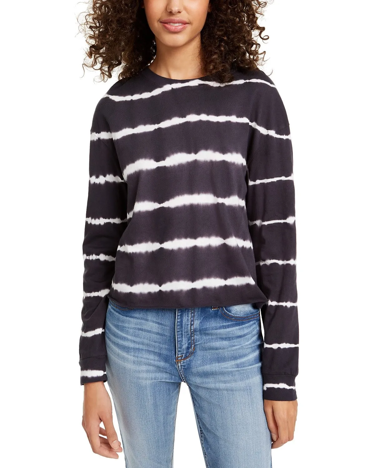 Rebellious One Women's Juniors' Striped Tie-Dye Long-Sleeved T-Shirt Charcoal Size Large sold by Ruumur