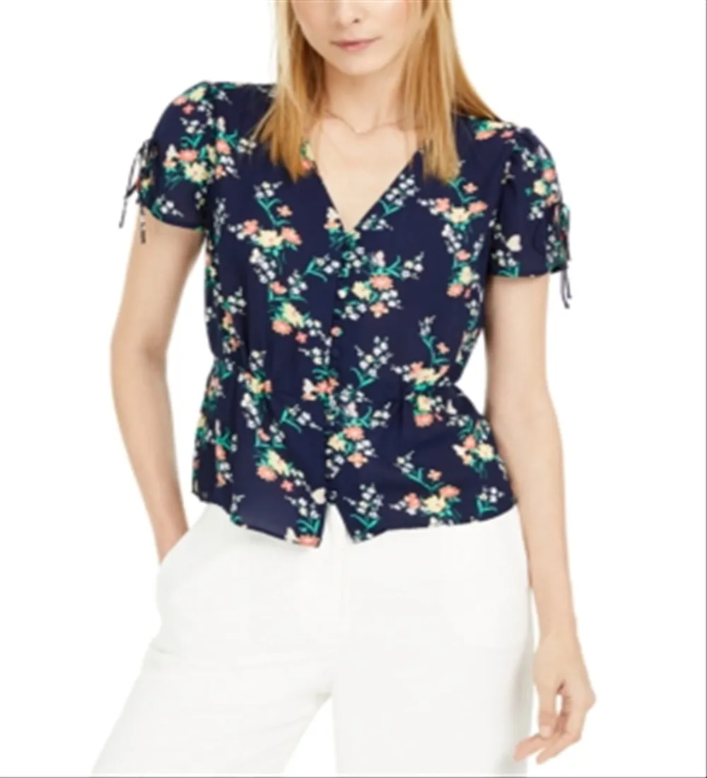 Maison Jules Women's Floral V-Neck Blouse Blue Size M sold by Ruumur