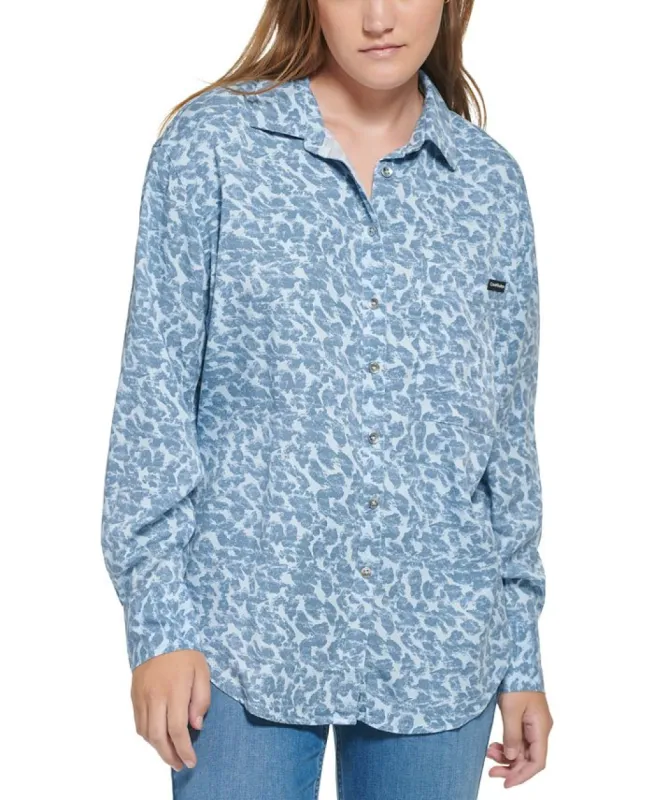 Calvin Klein Women's Long Sleeve Animal Print Boyfriend Shirt Blue Size Medium sold by Ruumur