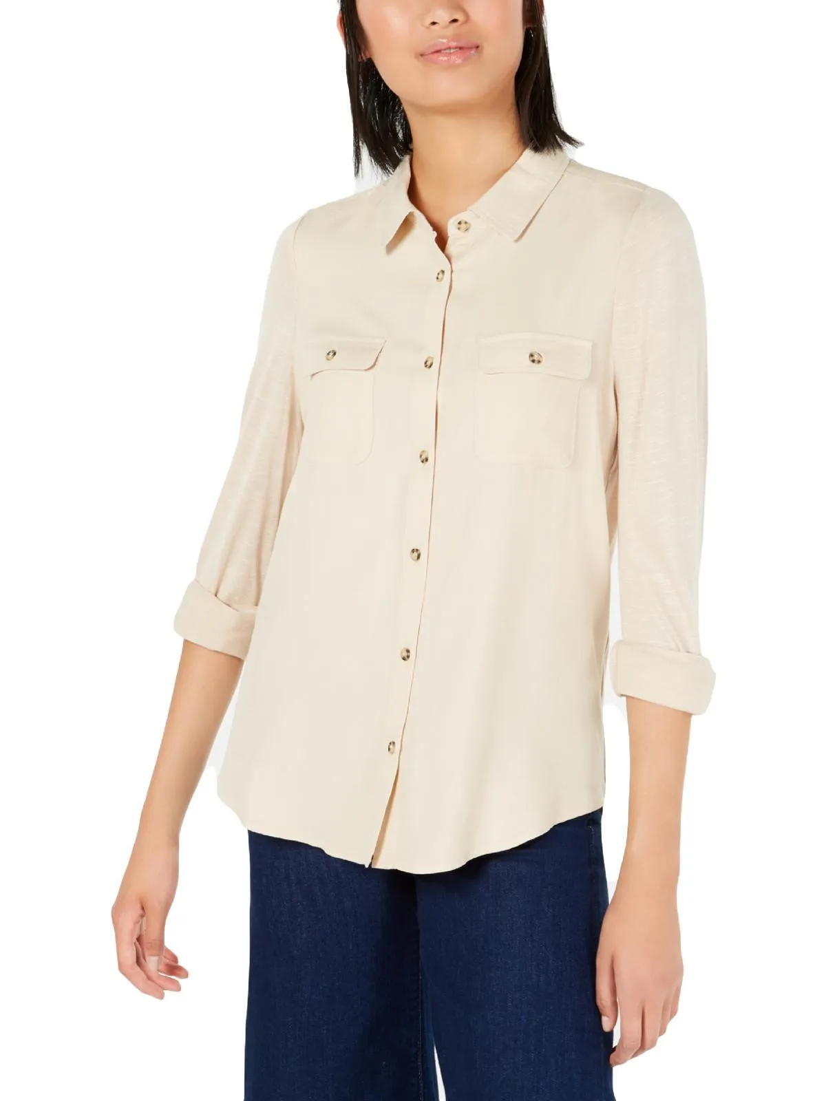 Ultra Flirt Women's Chest Pockets Buttoned Cuffs Button-Down Top Tan Size XS sold by Ruumur