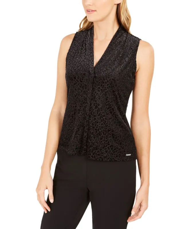 Calvin Klein Women's Textured Animal-Print Top Silver Size Small sold by Ruumur