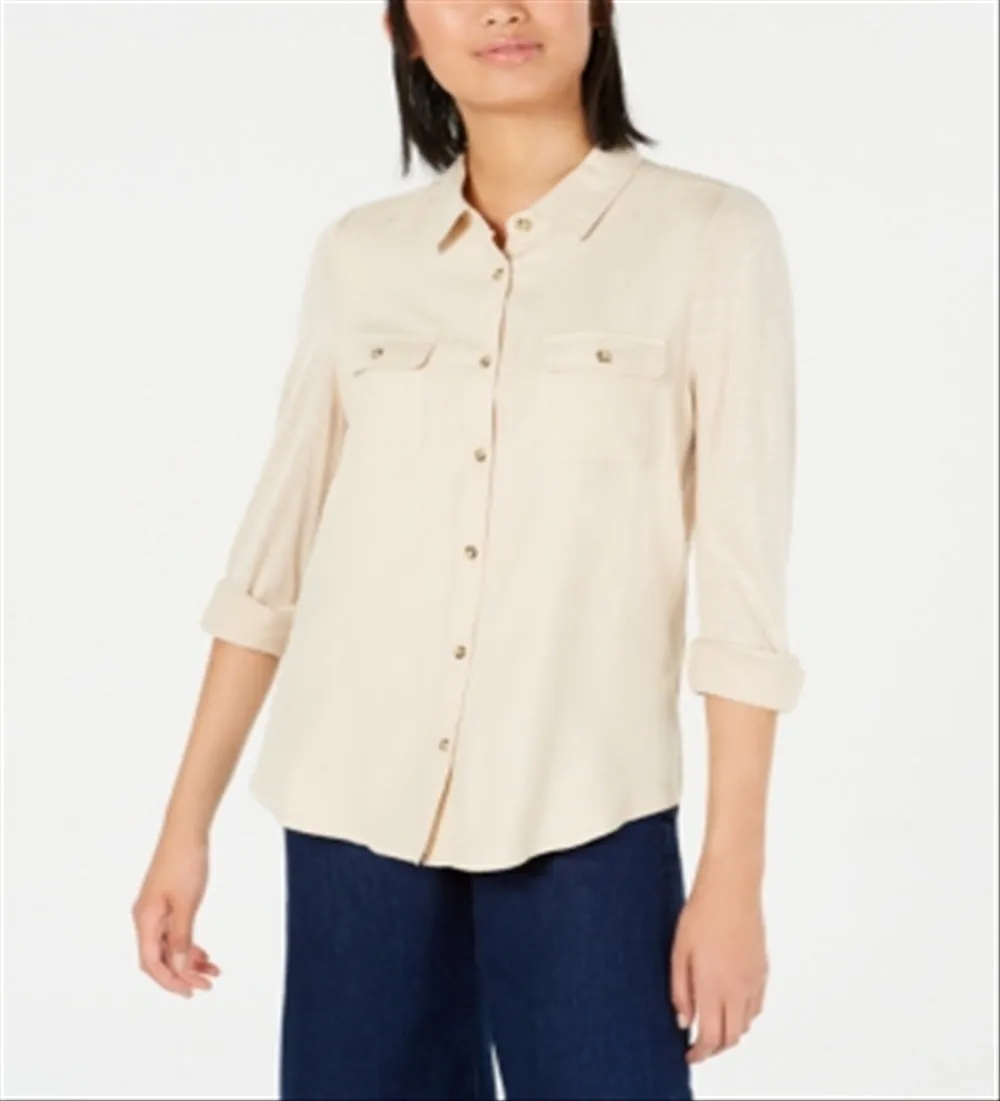 Ultra Flirt Women's Chest Pockets Buttoned Cuffs Button-Down Top Tan Size XS sold by Ruumur product image thumbnail 4