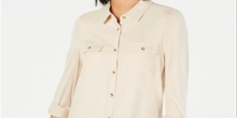 Ultra Flirt Women's Chest Pockets Buttoned Cuffs Button-Down Top Tan Size XS sold by Ruumur product image thumbnail 5