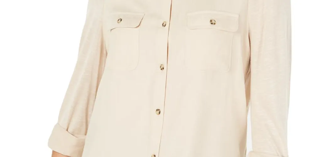 Ultra Flirt Women's Chest Pockets Buttoned Cuffs Button-Down Top Tan Size XS sold by Ruumur product image thumbnail 3