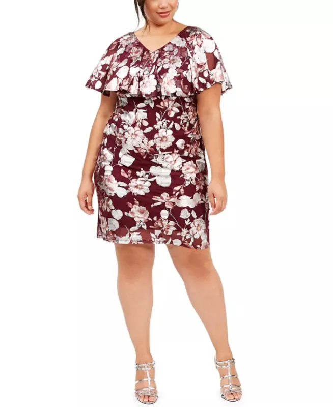 Connected Women's Plus Floral Print Flounce Sheath Dress Wine Size 24W sold by Ruumur