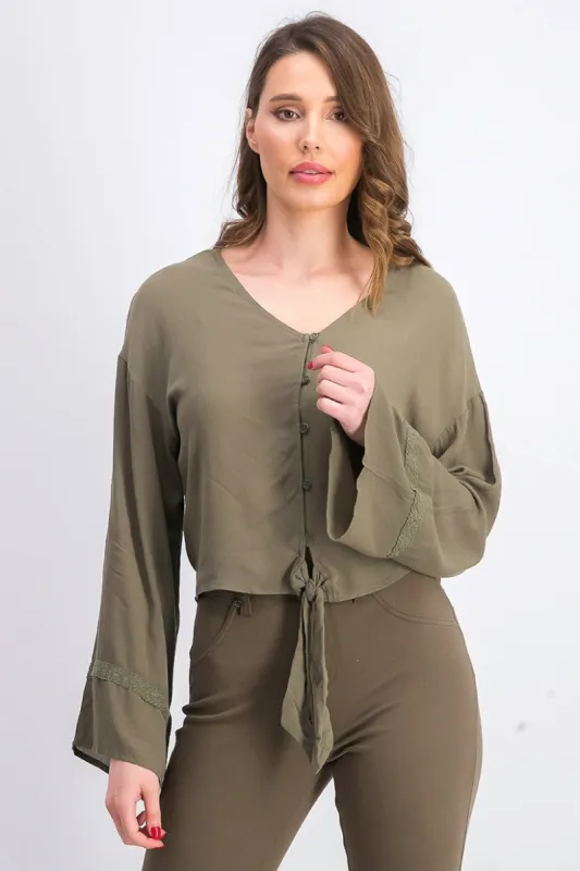 Freshman Juniors Women's Flare-Sleeved Tie-Waist Blouse Green Size Medium sold by Ruumur