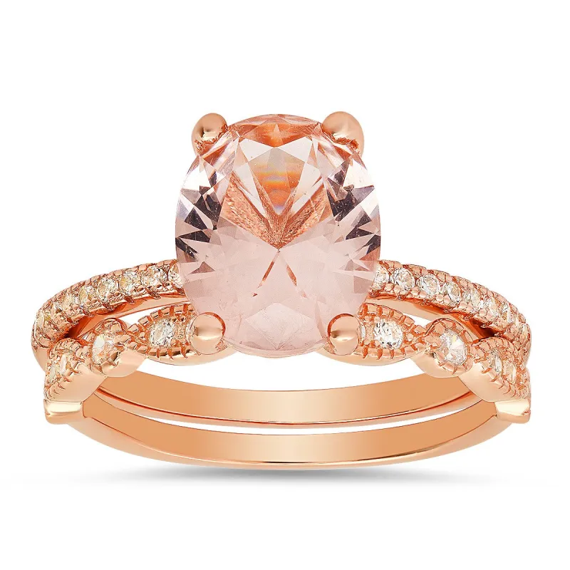 Rose Gold Over Silver Oval-cut Morganite CZ 2pc Stackable Ring Set sold by Ruumur