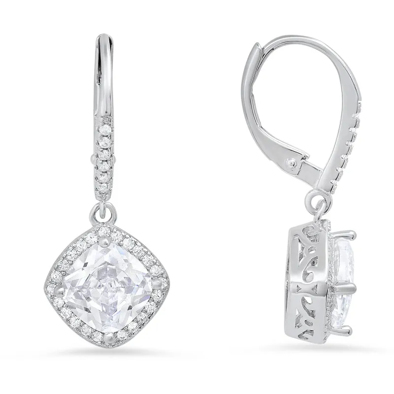 Sterling Silver Cushion-cut Halo CZ Leverback Earrings sold by Ruumur