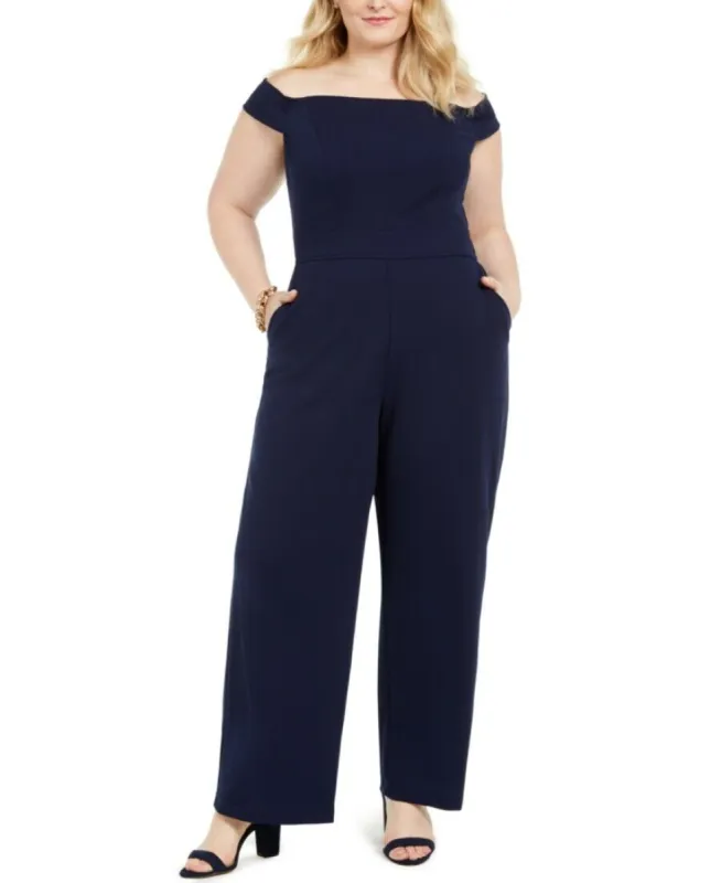 Teeze Me Women's Trendy Plus Size Off-The-Shoulder Jumpsuit Navy Size 20 sold by Ruumur