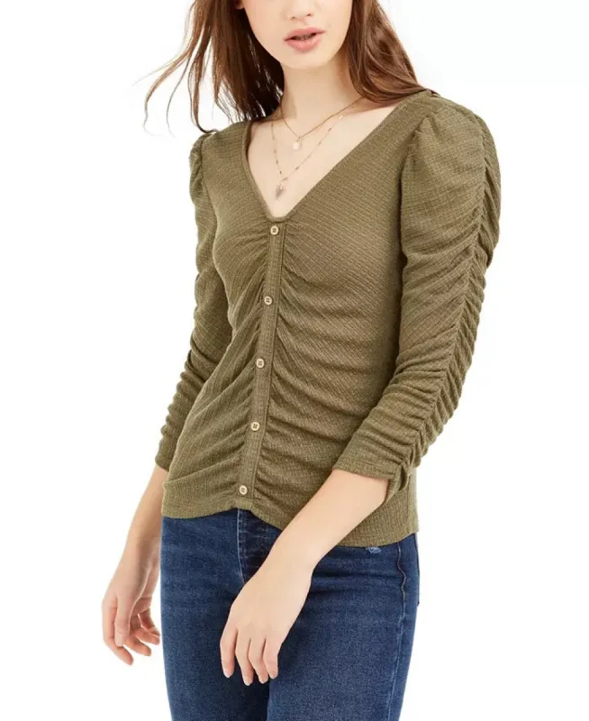 Crave Fame Juniors' Ruched Textured Top Green Size X-Large sold by Ruumur