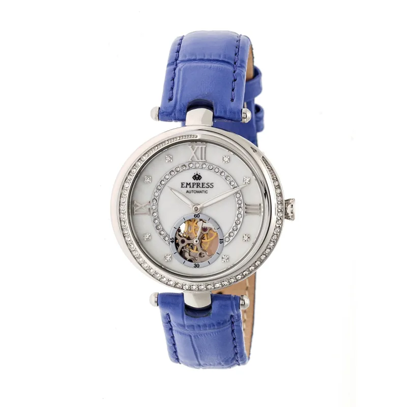 Empress Stella Automatic Semi-Skeleton MOP Leather-Band Watch - Purple/White sold by Ruumur