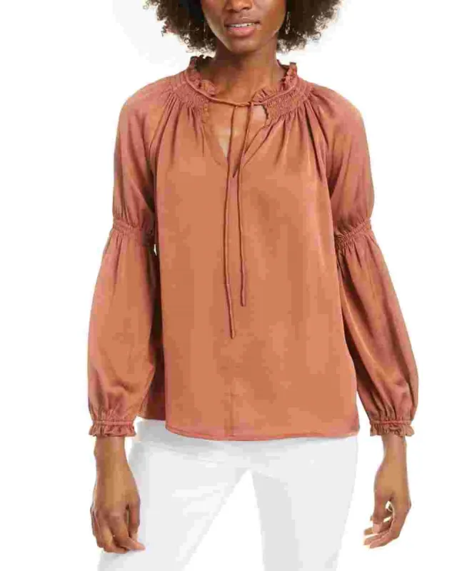 Current Air Women's Brown Tie-Neck Blouse Orange Size Small sold by Ruumur