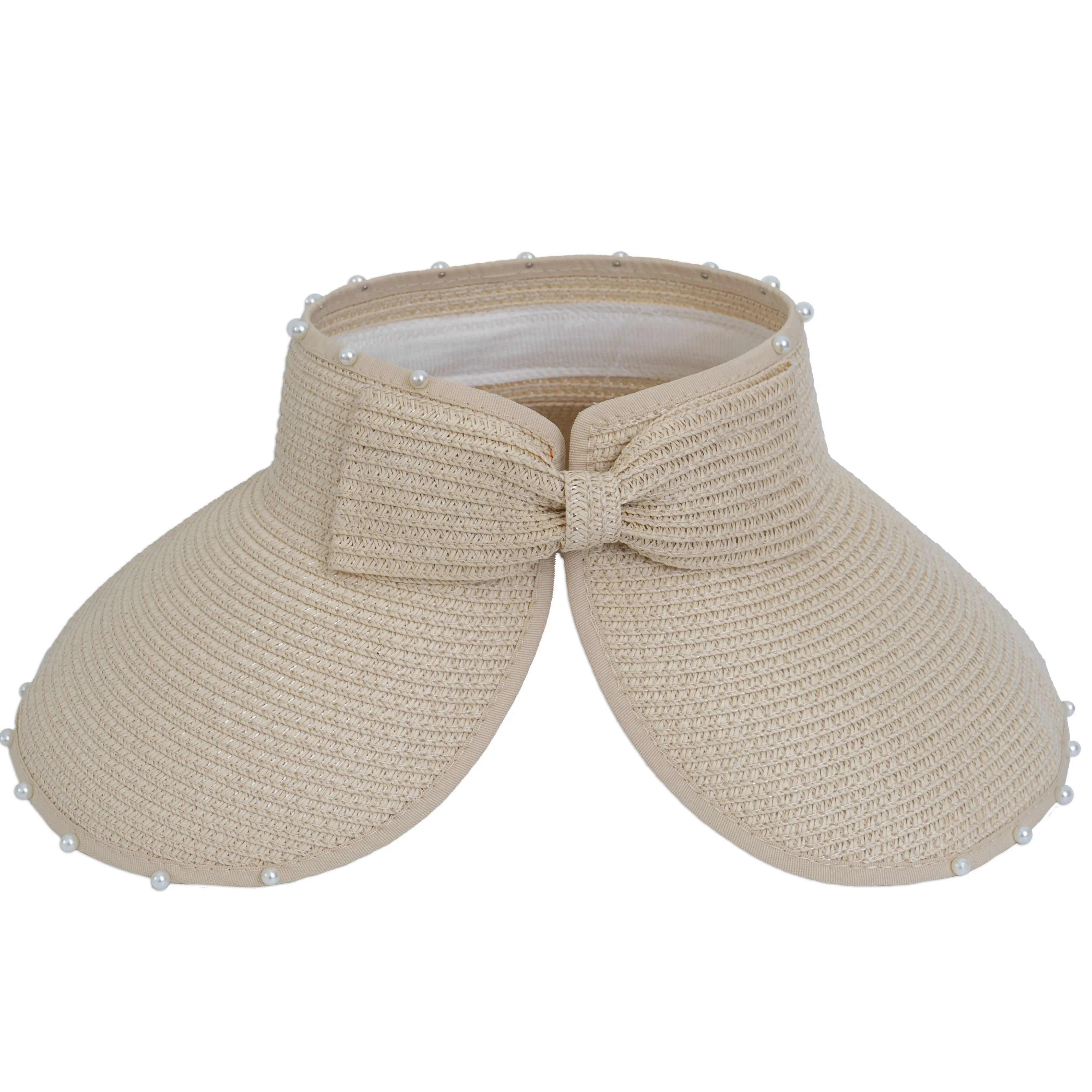 Roll-Up Straw Sun Visor with Pearl Trim and Velcro Bow sold by Ruumur product image thumbnail 2