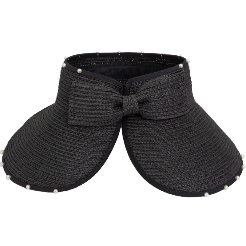 Roll-Up Straw Sun Visor with Pearl Trim and Velcro Bow sold by Ruumur