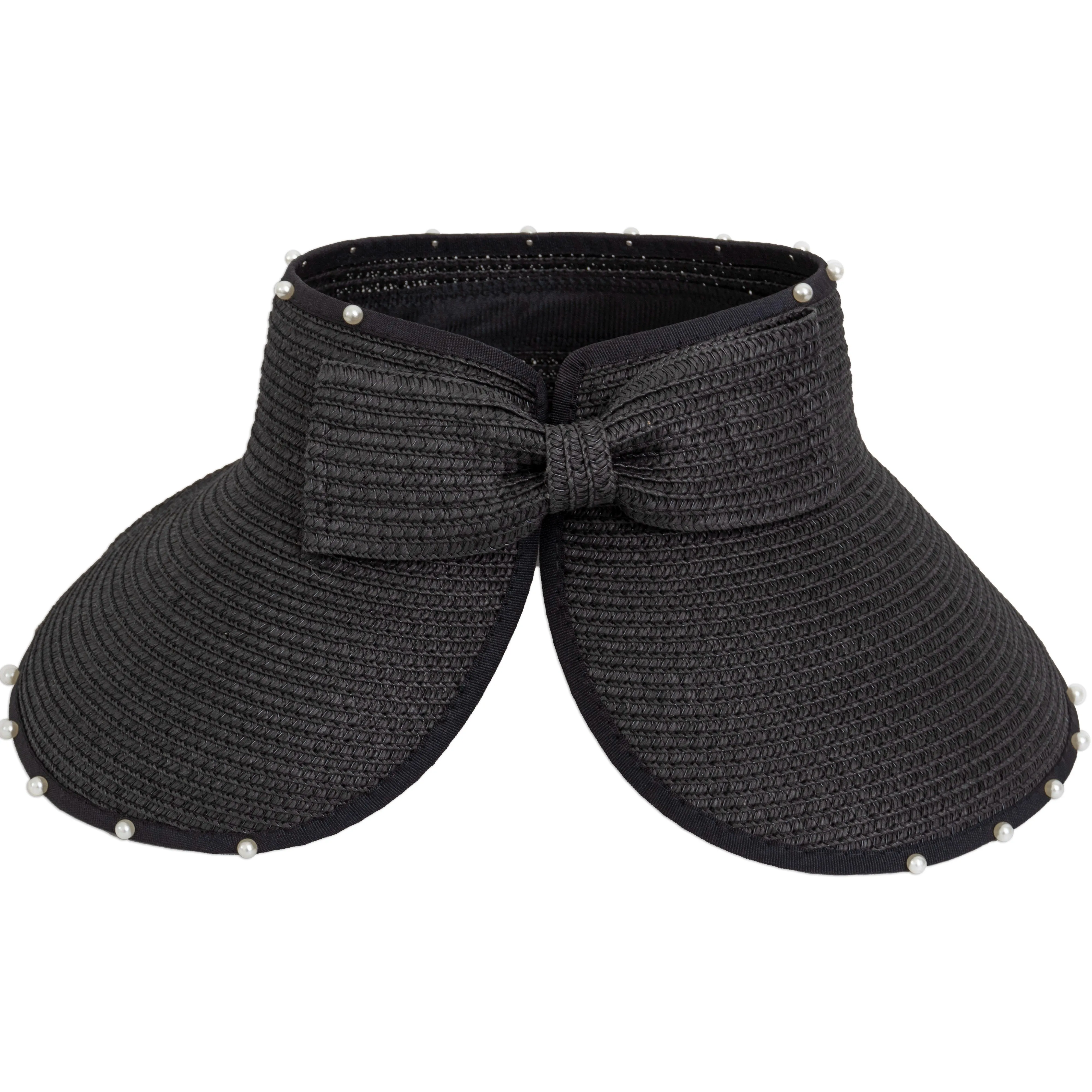 Roll-Up Straw Sun Visor with Pearl Trim and Velcro Bow sold by Ruumur