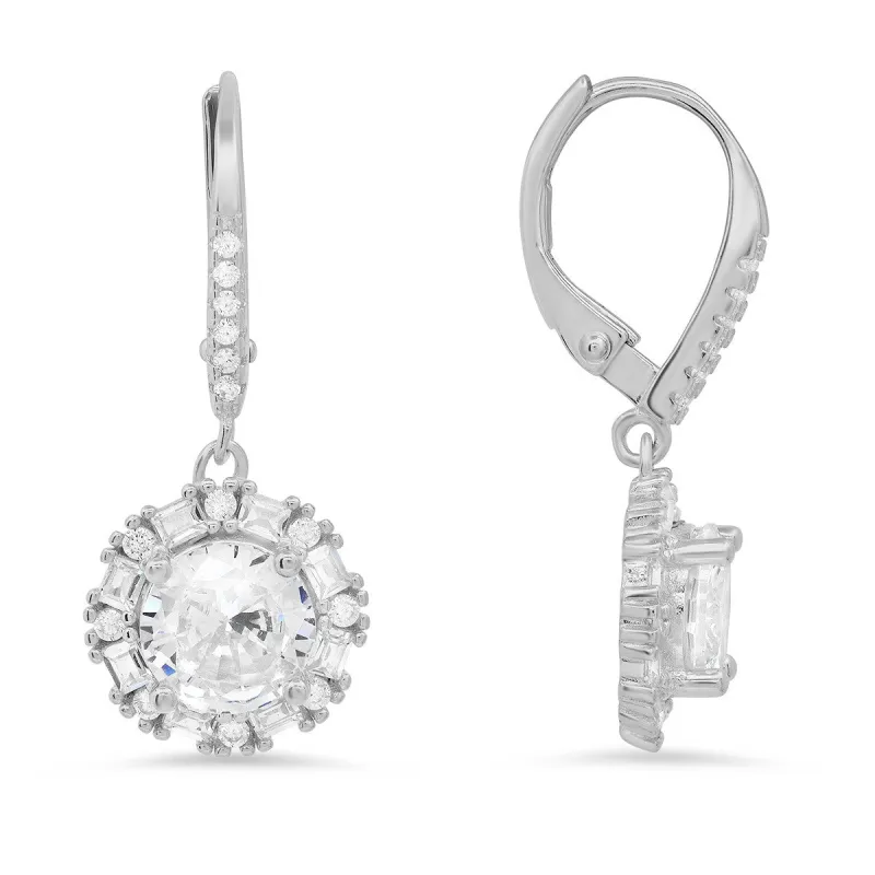 Sterling Silver Round and Baguette CZ Halo Leverback Earrings sold by Ruumur