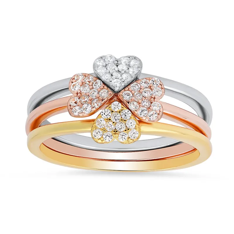 Sterling Silver Tri-Color 3pc Stackable Heart Ring Set sold by Ruumur