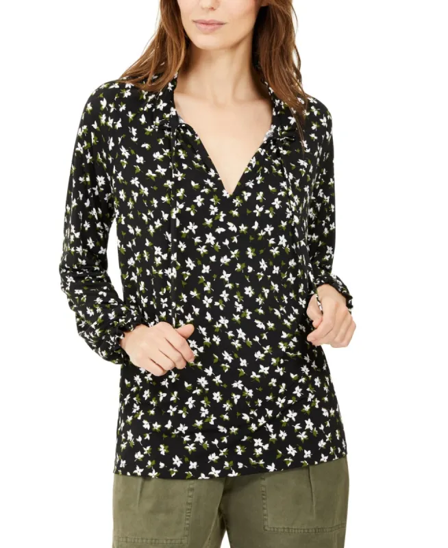 Michael Kors Women's Floral-Print Shirred Tie-Neck Top Green Size Small sold by Ruumur