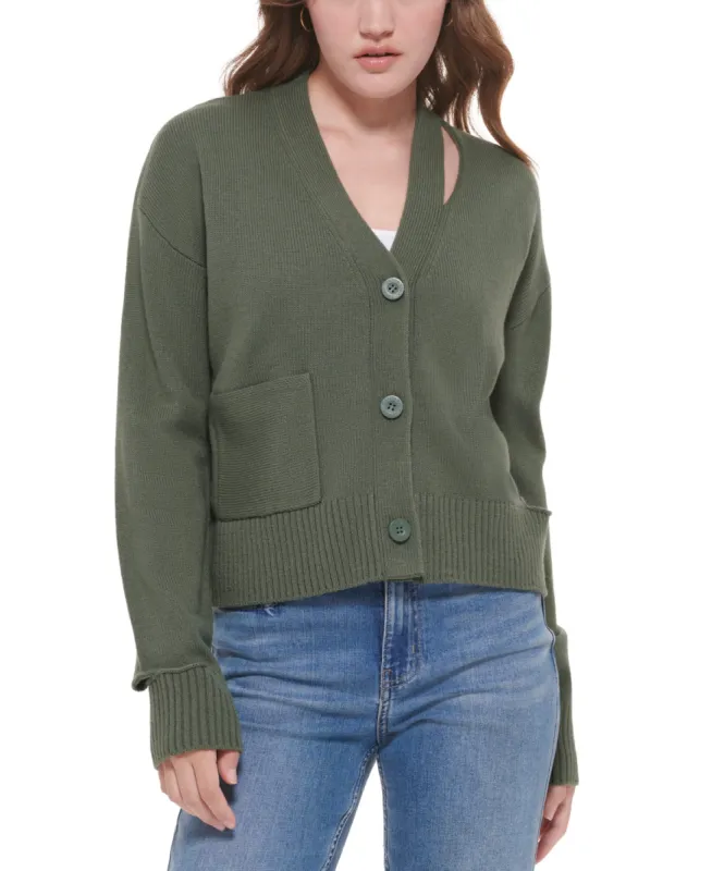 Calvin Klein Jeans Women's Cutout V Neck Cardigan Green Size X-Small sold by Ruumur
