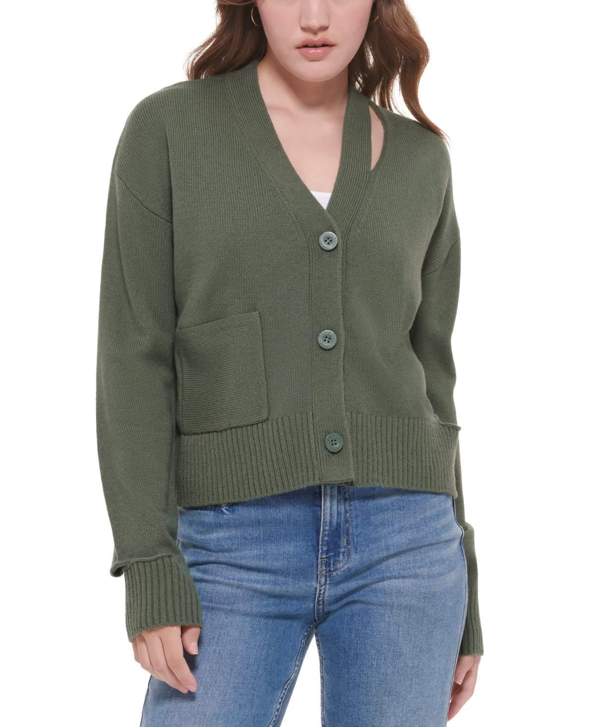 Calvin Klein Jeans Women's Cutout V Neck Cardigan Green Size X-Small sold by Ruumur